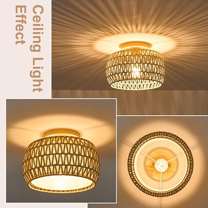 2 Packs Boho Rattan Flush Mount Ceiling Lights 12 Inch Farmhouse Ceiling Light Fixtures Rustic Wicker Hand Woven Rope Cage for Dining Room Kitchen Bedroom Foyer Hallway Entryway