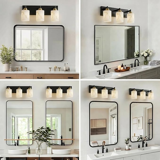 3-Light Bathroom Light Fixture, Black and Gold Modern Vanity Light with White Marble Glass Shade, for Bathroom Mirror, Living Room, Bedroom, Hallway, E26 Base, Extended Base