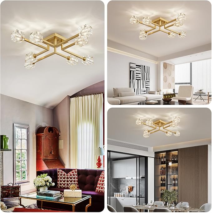 XINGQI Modern Ceiling Light 8 Lights Industry Semi Flush Mount Ceiling Light Fixture, Antique Gold Sputnik Chandeliers Mid Century for Bedroom, Dining Room, Farmhouse Kitchen, Office