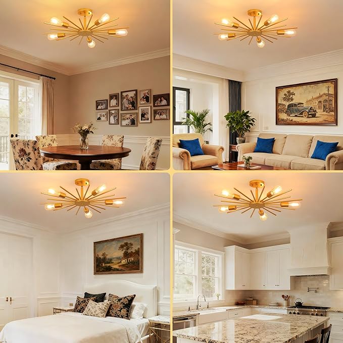 Gold Semi Flush Mount Ceiling Light, 27.5 Inch 5-Light Large Sputnik Flush Mount Light Fixtures, Modern Mid Century Sloped Ceiling Lighting for Kitche n, Entryway, Bedroom, Living Room
