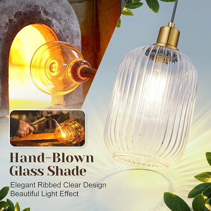 2 Pack Clear Cylinder Pendant Lights Kitchen Island with Ribbed Lampshade, Brushed Gold Hanging Light Fixture, Adjustable Pendant Lighting for Kitchen Island Sink Dining Room (Bulbs Not Included)