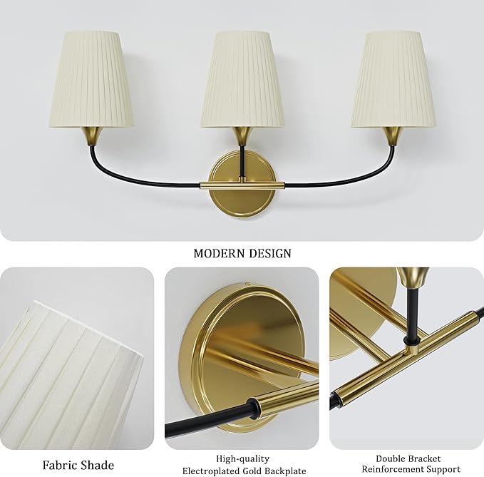 Bathroom Light Fixtures Over Mirror, 3 Light Vanity Light for Bathroom, Black Gold Vanity Light Fixtures with Flared Ivory White Fabric Shade, E26 Socket Modern Sconce Wall Decor(ETL Listed)