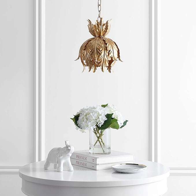 JONATHAN Y 12" Gold 1-Light Iron Pendant Light, Adjustable Height Lotus Leaf Design Hanging Fixture for Bathroom Hallway, Classic French Country, LED Bulb Included JYL9509A