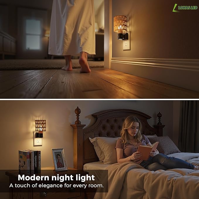 L LOHAS LED Night Lights Plug into Wall, 2 Pack Cylindrical Ironwork Boho Lampshade Decor Night Light, 350° Rotatable Dusk to Dawn Sensor Vintage Nightlight, Dimmable for Bedroom Living Room Hallway