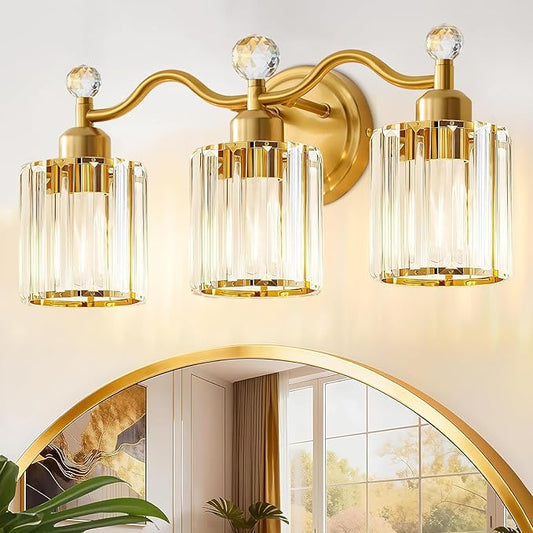 Bathroom Vanity Light Fixtures 3-lights, Gold Crystal Vanity Lights for Bath, Bathroom Lights Fixture with Clear Crystal Glass Shade, Modern Wall Light over Mirror, Wall Sconces Light for Hallway