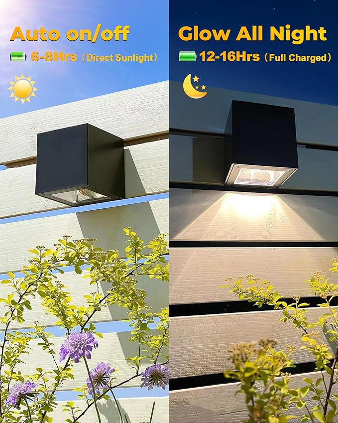 LUHLEE Solar Wall Lights Outdoor, Modern Square Solar Wall Sconce IP65 Waterproof, Solar Outdoor Lights for Patio, Porch, Garden, Backyard, Fence Decor (2 Pack)
