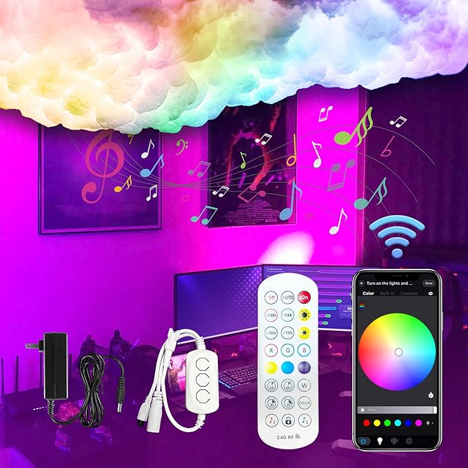 3D Thundercloud Ceiling Light, DIY Lightning Effects, RGB Color Changing, Music Sync, Smart APP Control, for Bedroom, Gaming Room, Home Theater, Kids Room, 32FT