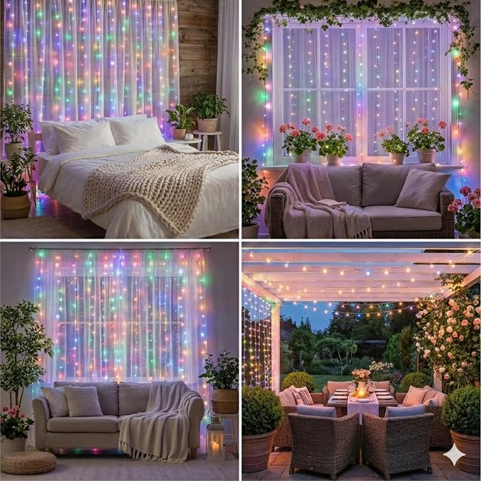 Curtain Light for Bedroom, 200LED 6.6x6.6ft Multicolor Window Wall Hanging Fairy Curtain String Light, 8 Modes Remote Fairy String Lights Indoor for Wedding Party Home Garden Decorations