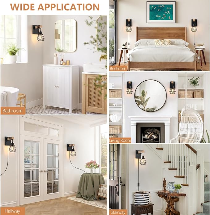 Lomoky Plug in Wall Sconces Set of Two, Vintage Wood Wall Lamps with Plug in Cord, Farmhouse Wall Light Fixture with 5.25FT On/Off Switch Cord, Indoor Sconces Lighting for Bedroom Living Room