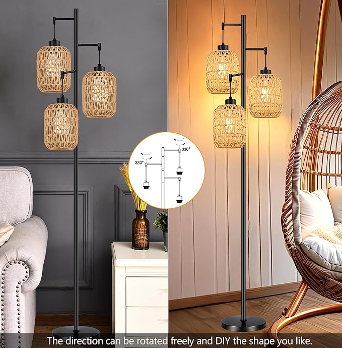 QIYIZM Floor Lamp for Living Room,Bedroom,Boho Rattan Tree 3 Lights Farmhouse Floor Lights,Industrial Black Standing Lamp Wicker Rustic Tall Lamp,Woven Bamboo LampShade Floor Lamps Bohemian