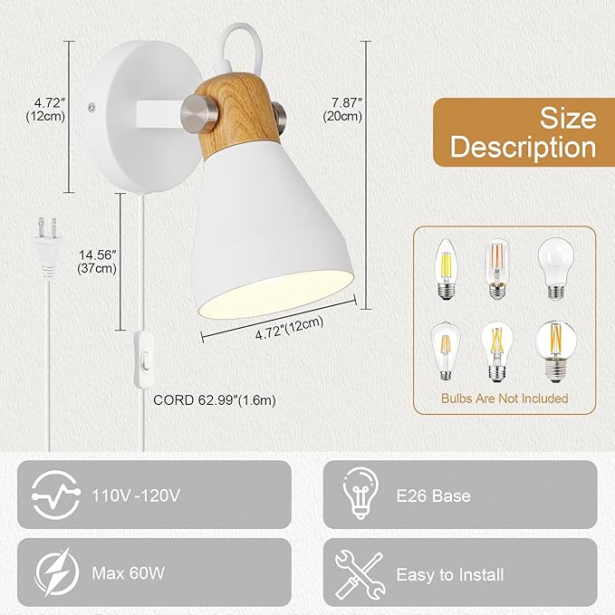 Modern Plug-in Wall Sconces - Matte White Adjustable Reading Light with Natural Wood Accent, Wall Lamp for Bedroom, Living Room, Home Office