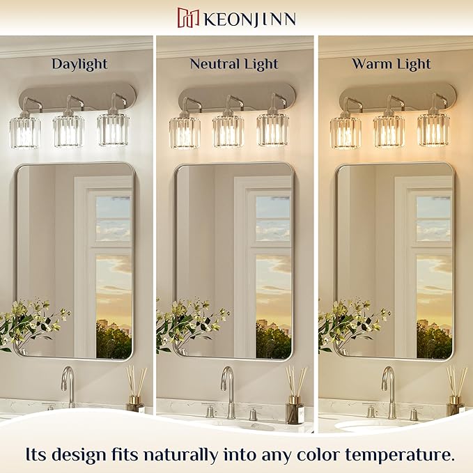 Keonjinn 3-Light Chrome Bathroom Light Fixtures, Crystal Bathroom Vanity Lights Over Mirror, Chrome Vanity Lighting Fixtures with Crystal Square Shades (E26 Base, Exclude Bulb)
