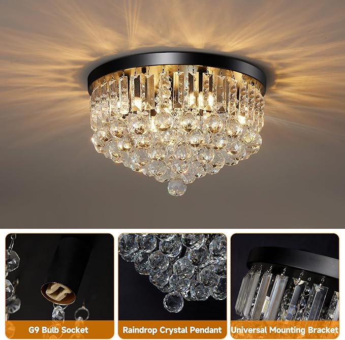 8-Light Modern Crystal Chandelier Black Metal G9 Base Flush Mount Round Light Fixture Ceiling Lamp Farmhouse for Dining Living Room Laundry Foyer Kitchen Balcony Bedroom (H 11''x W 16'')
