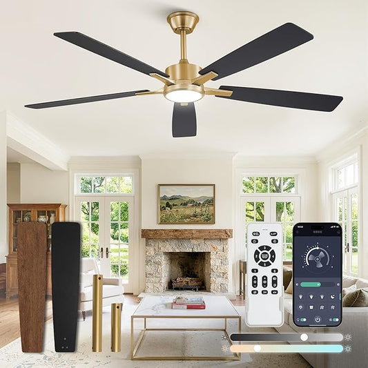 Fanbulous 60 Inch Black and Gold Ceiling Fans with Lights and Remote, Stepless Color Temperature Change & Dimmable 20W LED Ceiling Fan, 6 Speeds Reversible Quiet DC Motor for Bedroom, Living Room