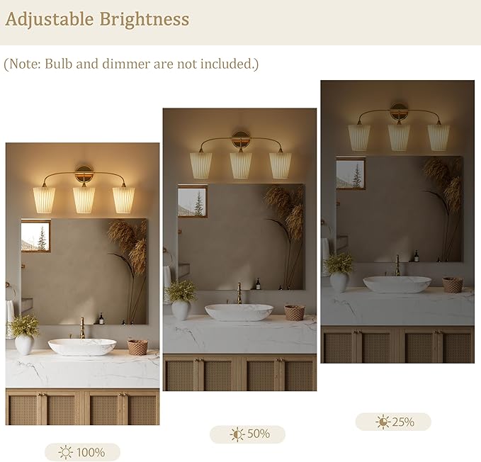 Bathroom Light Fixtures Over Mirror, 3 Light Vanity Light for Bathroom, Gold Vanity Light Fixtures with Flared Ivory White Fabric Shade, E26 Socket Modern Sconce Wall Decor(ETL Listed)