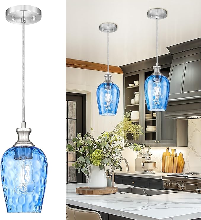 Pendant Lights Kitchen Island, Modern Brushed Nickel Hanging Lights Fixtures with Hand-Blown Hammered Blue Glass, Farmhouse Kitchen Island Lighting Over Sink, AD-24027-1P-SN-BL