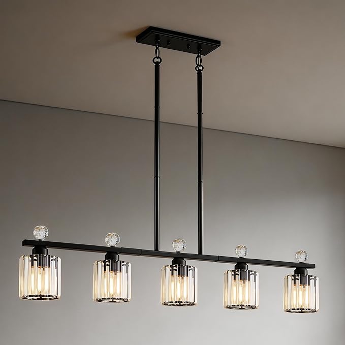 Modern Dining Room Light Fixture Over Table, Crystal Pendant Lights Kitchen Island, Chandeliers for Dining Room Kitchen Light Fixtures (E26) 5-Light Black