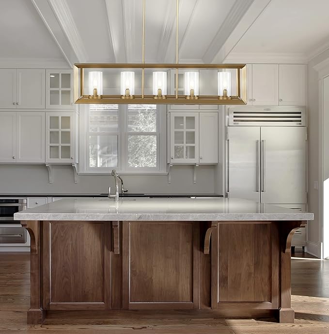 JONATHAN Y 38.5" Brass Gold Linear 5-Light LED Chandelier, Adjustable Clear Glass Shades Modern Pendant Light Fixture for Kitchen Island, Dining Room, ETL Listed (JYL7414C)