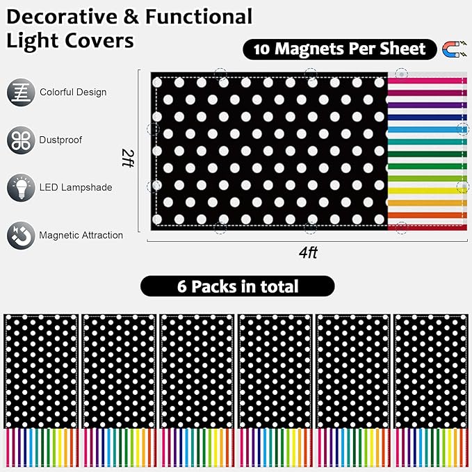 QOUBAI 6PCS Fluorescent Light Covers, 4x2 Feet Magnetic Light Cover Fluorescent Lights Shade Panel Positive Inspirational Ceiling Lights Filters for Office Classroom Home Drop Ceiling Polka Dot