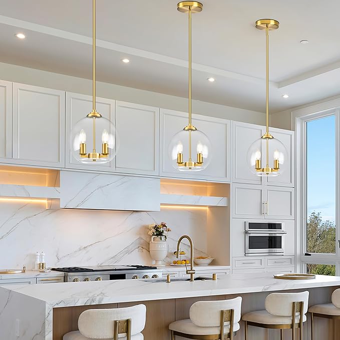 10" Gold Pendant Lights Glass Globe Pendant Light Fixture Bedroom Mid Century Modern Pendant Lighting Brass Pendant Light for Kitchen Island Bedroom Living Room Dinning Room (Bulb Incl.)