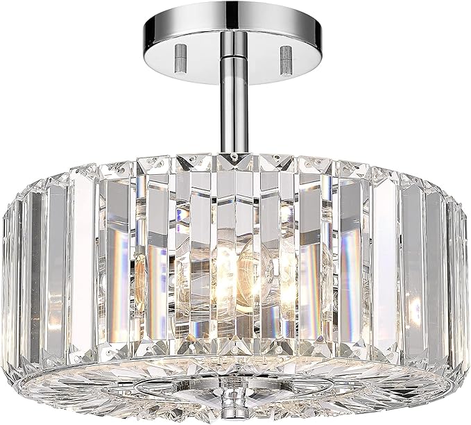 Crystal Light Fixture, Modern 2-Light Chrome Flush Mount Light Fixture, 11" Round Crystal Chandelier for Bedroom Entryway Kitchen Hallway Lighting, SF004-2-CH