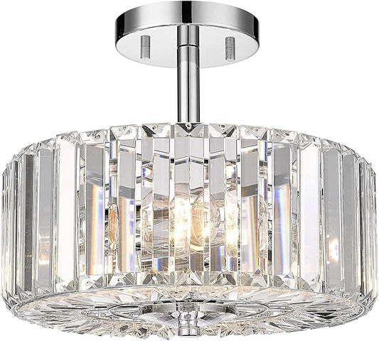 Crystal Light Fixture, Modern 2-Light Chrome Flush Mount Light Fixture, 11" Round Crystal Chandelier for Bedroom Entryway Kitchen Hallway Lighting, SF004-2-CH