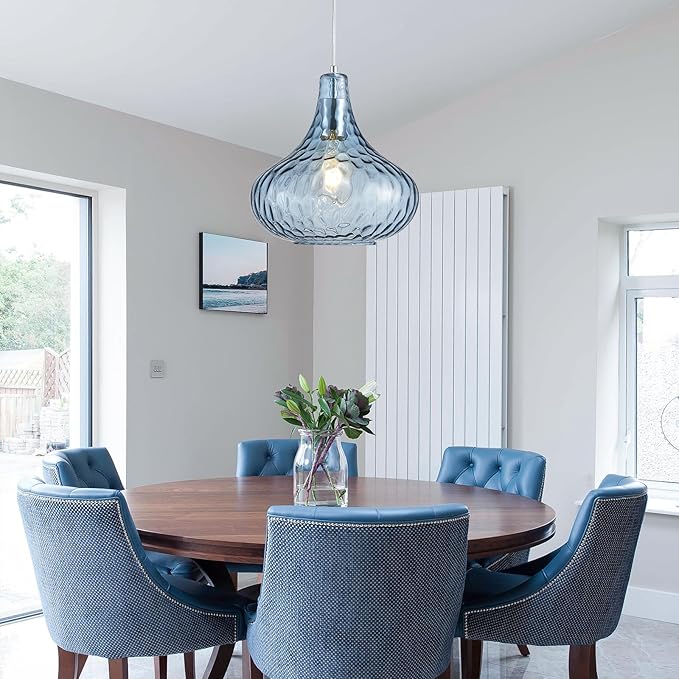 11" Blue Hammered Glass Pendant Light - Brushed Nickel Finish Industrial Ceiling Fixture with Blown Glass for Kitchen Island Dining Room Hallway Living Room