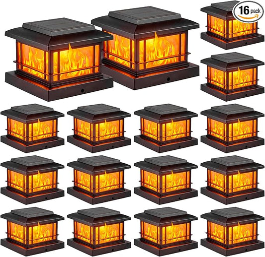JOFIOS Flickering Flame Solar Post Cap Lights Outdoor, Black Post Lights with 3 Color Temperature, Fits 3.5" 4" 4.5" 5" Wood/Vinyl Posts, IP64 Waterproof Fence Deck Lights for Garden Patio Yard 16Pack