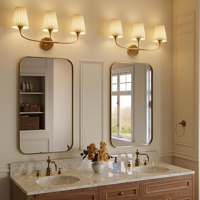 Bathroom Light Fixtures Over Mirror, 3 Light Vanity Light for Bathroom, Gold Vanity Light Fixtures with Flared Ivory White Fabric Shade, E26 Socket Modern Sconce Wall Decor(ETL Listed)