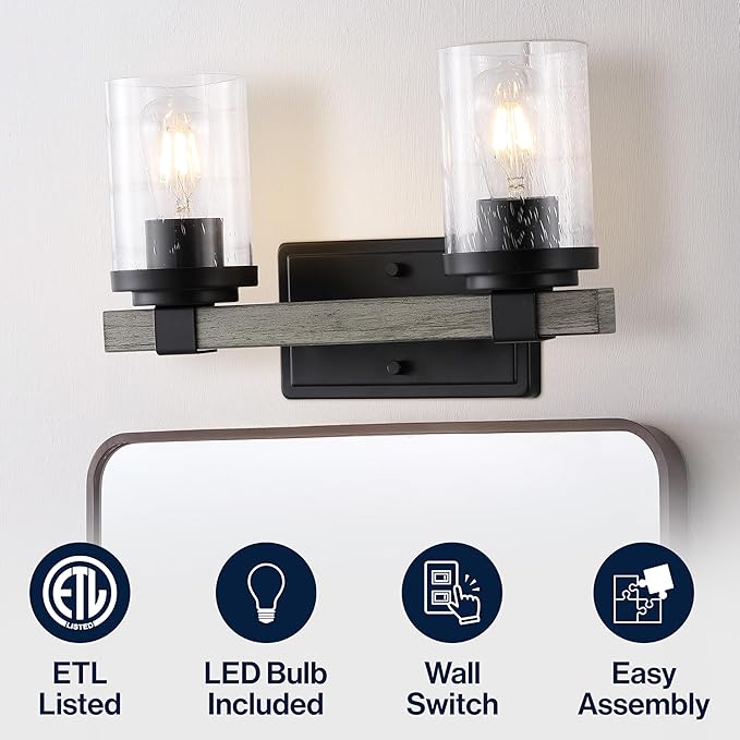 JONATHAN Y 15" Black/Gray Oak Wood Finish LED Vanity Light, Rustic Farmhouse Sconce, Clear Seeded Glass Shade, Industrial Wall Lamp for Bathroom Mirror, Kitchen Sink, LED Bulb (JYL7508B)