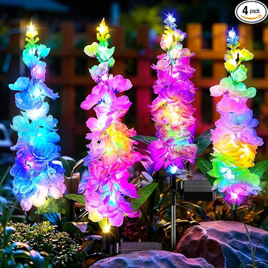 KOOPER Solar Lights Outdoor Garden Decor, 4 Pack Upgraded Delphinium Solar Garden Lights with 36 Colorful LEDs, Vivid Flowers Outdoor Waterproof for Landscape Patio Yard Decor