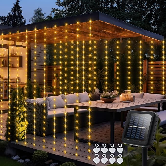 echosari Solar Curtain Lights 7.9ft x 6ft 144 LED Outdoor Curtain Lights Waterproof with Timer 8 Modes for Christmas Garden Patio Fence Wedding Wall Window Gazebo Decor - Warm White