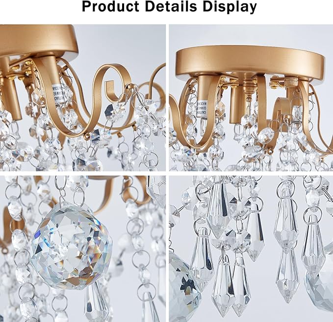 Rain Drop Crystal Small Crystal Chandelier Ceiling Light 3-Light Fixture Modern Chrome Iron Material Suitable for Bedrooms, Hallways, Walk-in Closets, Entryways, Stairwells (Gold)