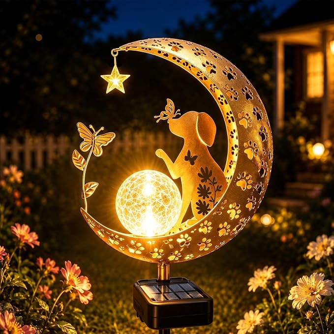 Solar Garden Decor Outdoor Statue, Moon Fairy Garden Figurines with Dog Design for Mom Women Grandma Solar Stake Lights for Patio, Yard, Lawn, Pathway (Warm White)