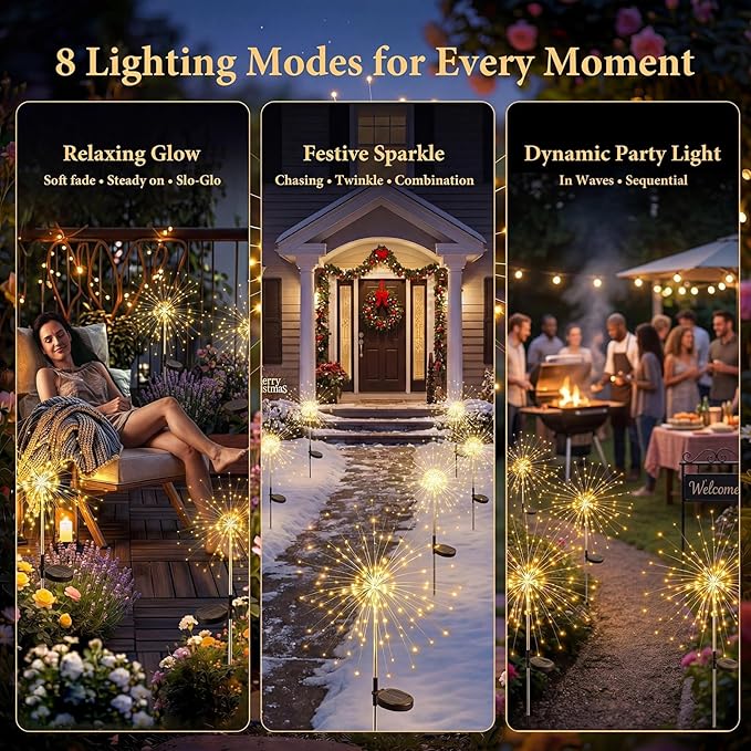 Solar Firework Lights, 10 Pack 120 LEDs 8 Lighting Modes Twinkle Solar Garden Lights Outdoor Waterproof for Yard Patio Walkway Pathway Party Wedding Balcony Decorative- Warm White