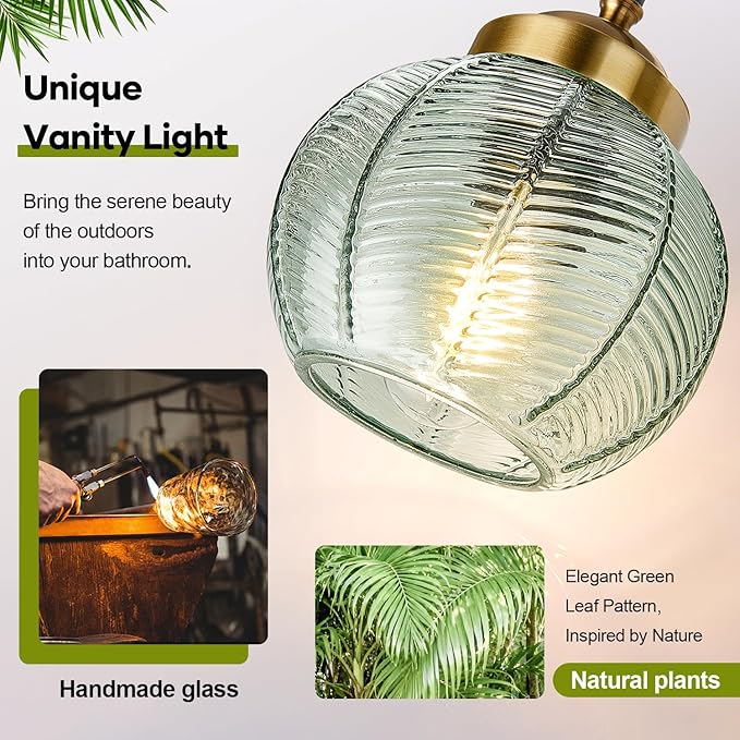 MOKATNG Bathroom Light Fixtures, 3-Light Green Vanity Lights with Unique Leaf Texture Glass Shade, Modern Matte Black and Gold Bathroom Wall Lamp for Mirror Hallway Cabinet Living Room