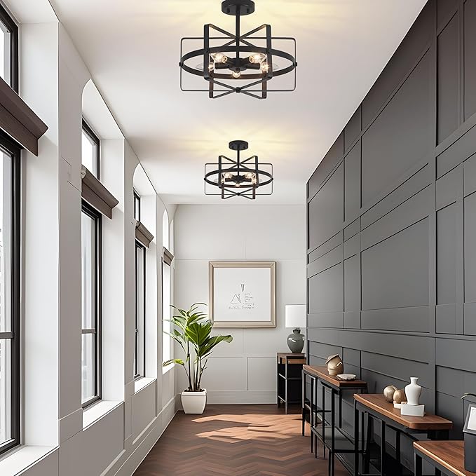 5-Light Modern Semi Flush Mount Ceiling Light, 12.6'' Black Farmhouse Flush Mount Ceiling Light Industrial Ceiling Light Fixture for Entryway Hallway Foyer Dining Room Kitchen Bedroom