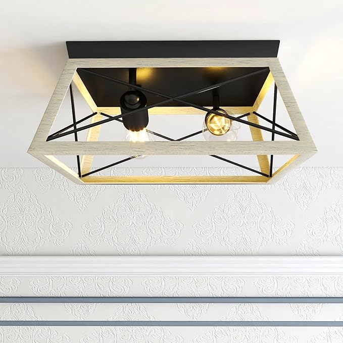 Pia Ricco 2-Light Flush Mount Ceiling Light, Rustic Industrial Farmhouse Square Fixture for Porch, Patio, Kitchen, Hallway, Entryway，Cream White