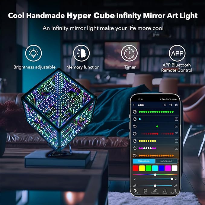 Infinity Mirror Hyper Cube Table Lamp, Desk Art Night Light, Color-Changing Music-Sync APP-Controlled Ambient Light for Gaming, Party, Home, Gift (6 Inches)