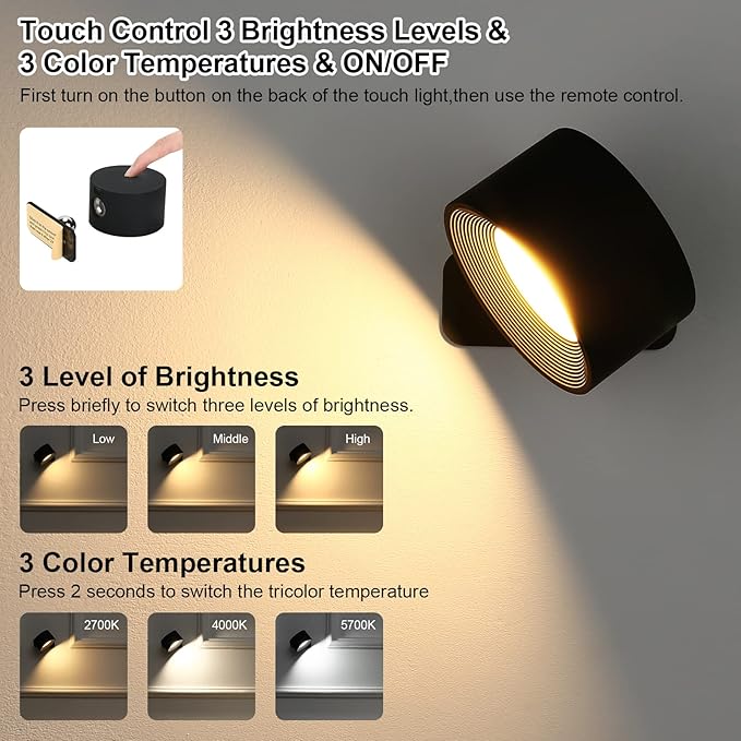 Lightess 2PC LED Wall Sconces, 19 Colors Dimmable Wall Mounted Lamp with 5000mAh Rechargeable Battery, 360°Rotate Magnetic Ball, Touch & Remote Control, Cordless Wall Light for Reading Bedside