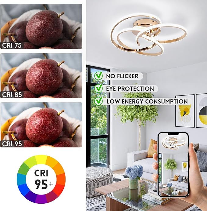 CANEOE Modern LED Ceiling Light Fixture, 42W Gold Dimmable Flush Mount Ceiling Light with Remote Control, Curve Design Close to Ceiling Lamp for Bedroom Living Dining Room Kitchen