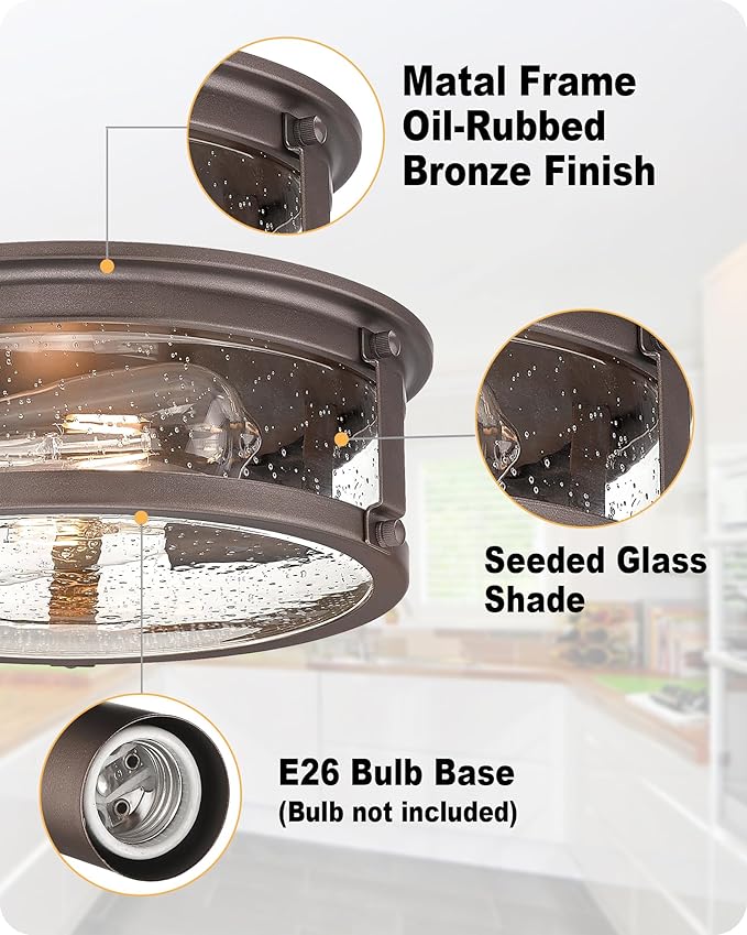 Industrial Flush Mount Light Fixture, 2-Light Farmhouse Ceiling Lights for Hallway,Kitchen,Stairways,Bedroom,Oil Rubbed Bronze Finish 2PK