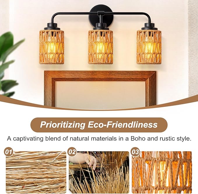 3-Light Bathroom Light Fixtures Vanity Lights Over Mirror, Rustic Farmhouse Rattan Wall Sconce with Boho Hand Woven Wall Lamp Natural Style Wall Mounted Light Vanity Lighting for Bedroom Hallway