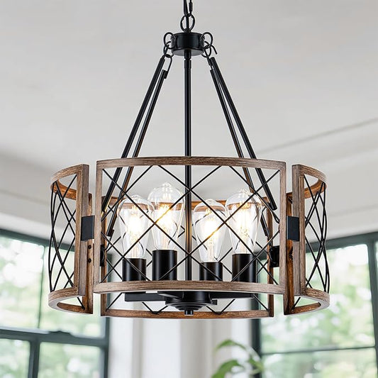 D19" Modern Farmhouse Chandelier 4-Light Adjustable Pendant Light for Dining Room Light Fixture, Rustic Drum Hanging Chandeliers for Kitchen Island Entryway Foyer Bedroom Living Room,Black&Gray Oak