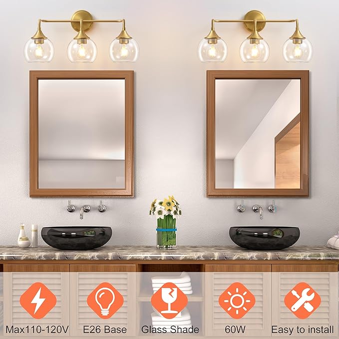 Gold Bathroom Light Fixtures 3 Light Bathroom Vanity Light with Clear Glass Shade, 22 inch Vanity Lighting Fixtures Over Mirror, Vanity Lights Fixture (Exclude E26 Bulb)