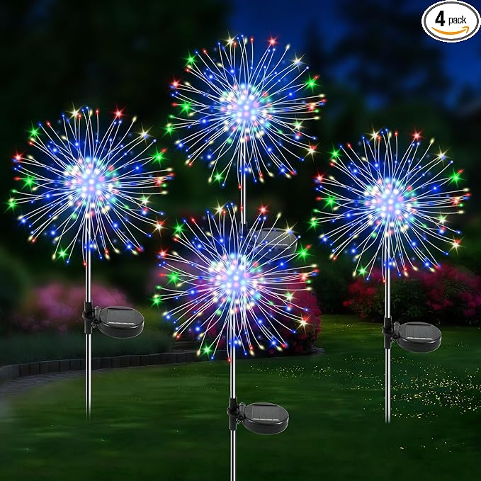 Solar Garden Lights Outdoor, 4 Pack 120 LED Twinkling Firework Lights Decorative with 2 Modes, Outdoor Waterproof Solar Starburst Light for Yard Pathway Planter Patio Decor, Multicolor