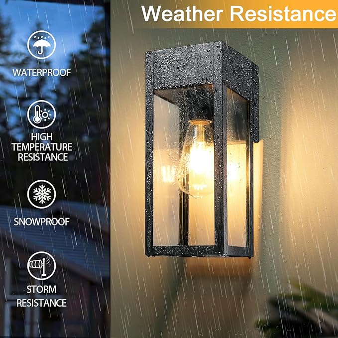 2 Pack Porch Lights Outdoor Wall Sconce, Outdoor Light with GFCI Outlet, Waterproof Exterior Wall Lantern Light Fixtures, Anti-Rust Wall Lamp with Clear Glass for Patio Doorway Garage- Black
