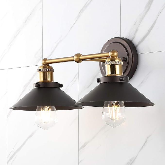 JONATHAN Y 17.5" Oil Rubbed Bronze/Brass Gold 2-Light Industrial Farmhouse Metal Vanity Light Wall Sconce, Metal Shade for Bathroom Mirror, Kitchen, Entryway, LED Bulb Included (JYL7427C)