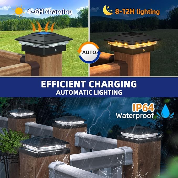 APONUO Solar Post Cap Lights 16-Pack, Black IP64 Waterproof 16 LED Fence Post Solar Lights for 4x4 5x5 6x6 Wood/Vinyl Posts, 2-Mode Deck Post Lights Solar Powered, 10-Hr Lighting for Patio Yard Porch