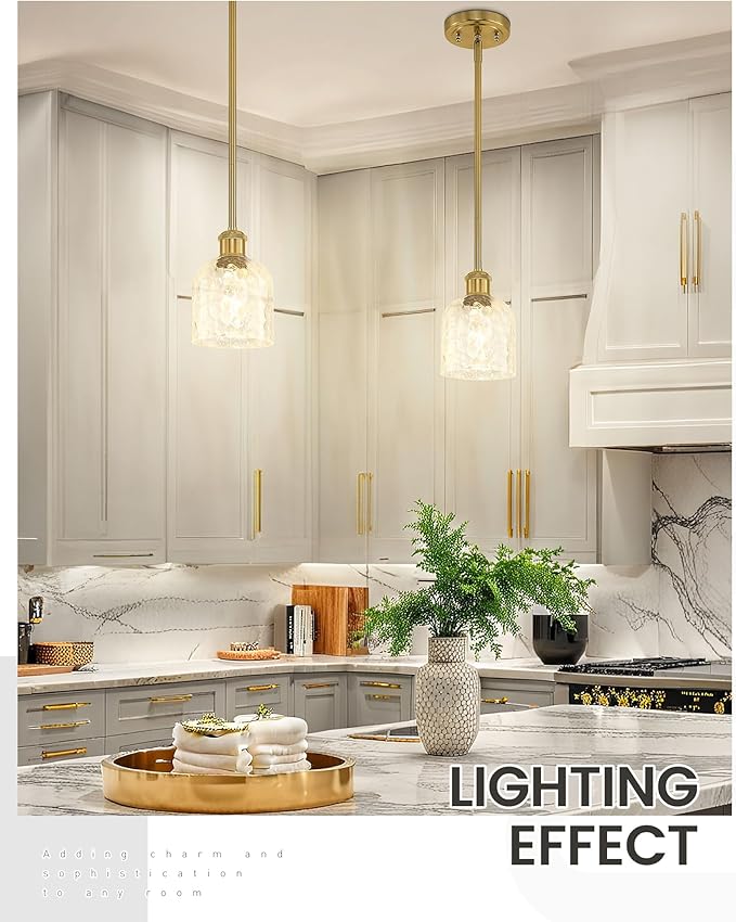 zeyu Modern 1 Light Hanging Lamp, Hanging Lighting Fixture Set of 2, Gold Pendant Light with Clear Hammered Glass, Brushed Gold Finish, ZJF63MIL-2PK BG